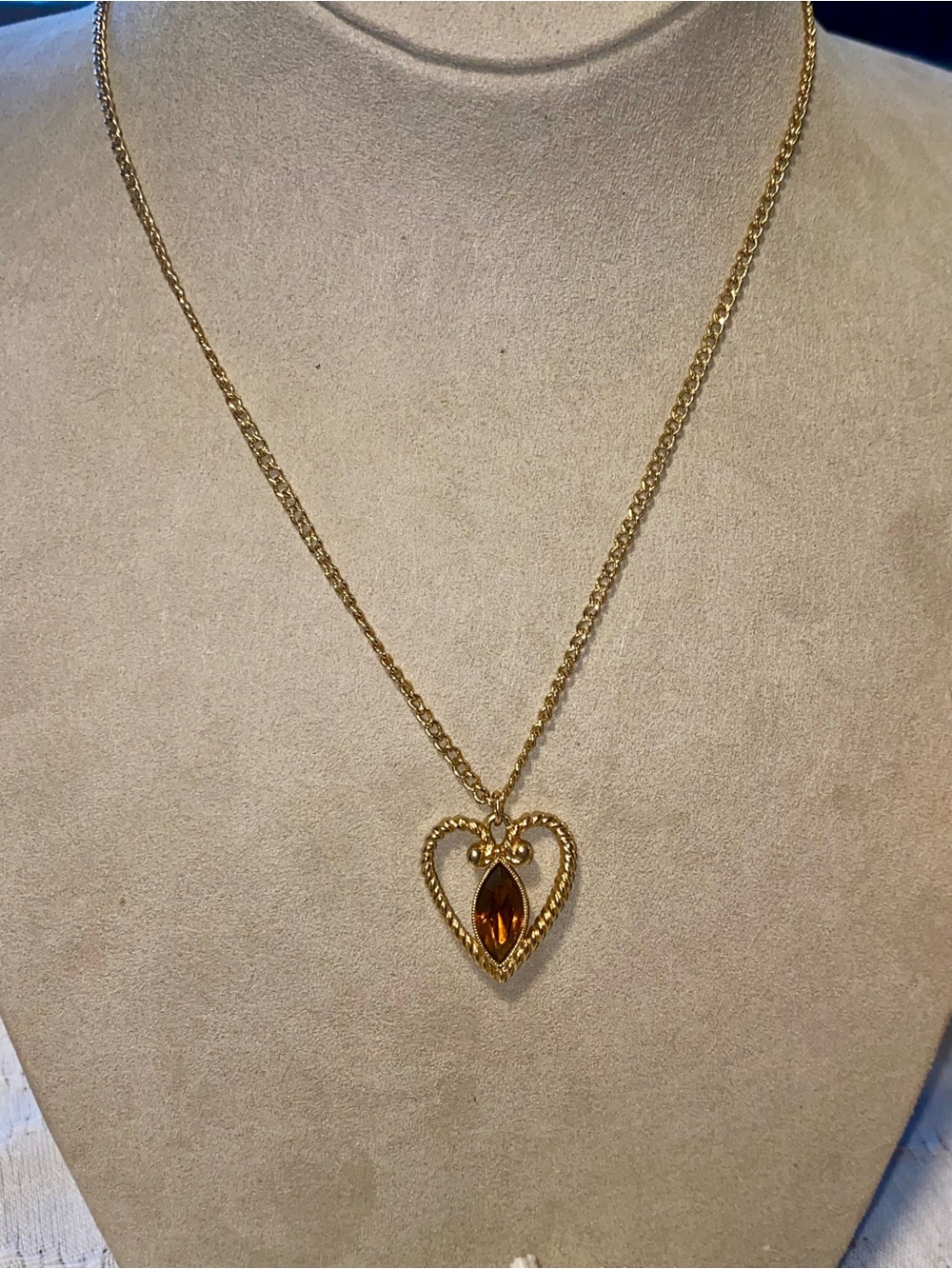 Avon (1973) Gold-Tone Heart Necklace with Amber Marquise Stone